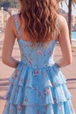 Dark Blue A Line Floral Corset Tiered Ruffle Short Homecoming Dress
