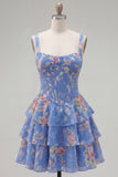 Dark Blue A Line Floral Corset Tiered Ruffle Short Homecoming Dress