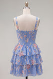 Dark Blue A Line Floral Corset Tiered Ruffle Short Homecoming Dress
