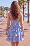 Dark Blue A Line Floral Corset Tiered Ruffle Short Homecoming Dress
