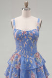 Dark Blue A Line Floral Corset Tiered Ruffle Short Homecoming Dress