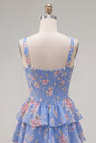Dark Blue A Line Floral Corset Tiered Ruffle Short Homecoming Dress
