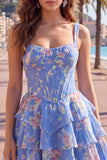 Dark Blue A Line Floral Corset Tiered Ruffle Short Homecoming Dress