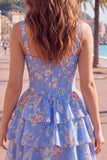 Dark Blue A Line Floral Corset Tiered Ruffle Short Homecoming Dress