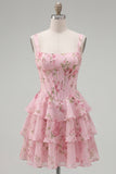 Dark Blue A Line Floral Corset Tiered Ruffle Short Homecoming Dress