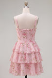 Dark Blue A Line Floral Corset Tiered Ruffle Short Homecoming Dress