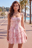 Dark Blue A Line Floral Corset Tiered Ruffle Short Homecoming Dress