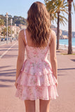 Dark Blue A Line Floral Corset Tiered Ruffle Short Homecoming Dress