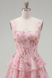 Dark Blue A Line Floral Corset Tiered Ruffle Short Homecoming Dress