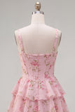 Dark Blue A Line Floral Corset Tiered Ruffle Short Homecoming Dress