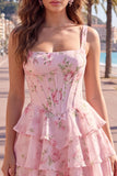 Dark Blue A Line Floral Corset Tiered Ruffle Short Homecoming Dress
