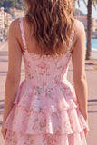 Dark Blue A Line Floral Corset Tiered Ruffle Short Homecoming Dress