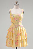 Dark Blue A Line Floral Corset Tiered Ruffle Short Homecoming Dress