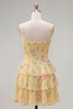 Dark Blue A Line Floral Corset Tiered Ruffle Short Homecoming Dress