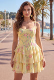Dark Blue A Line Floral Corset Tiered Ruffle Short Homecoming Dress