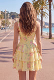 Dark Blue A Line Floral Corset Tiered Ruffle Short Homecoming Dress