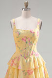 Dark Blue A Line Floral Corset Tiered Ruffle Short Homecoming Dress