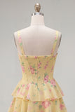 Dark Blue A Line Floral Corset Tiered Ruffle Short Homecoming Dress