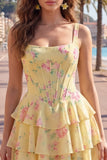 Dark Blue A Line Floral Corset Tiered Ruffle Short Homecoming Dress