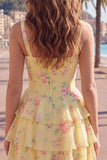 Dark Blue A Line Floral Corset Tiered Ruffle Short Homecoming Dress