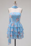 Strapless A Line Tiered Ruffle Floral Yellow Homecoming Dress with Scarf