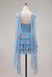 Strapless A Line Tiered Ruffle Floral Yellow Homecoming Dress with Scarf
