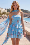 Strapless A Line Tiered Ruffle Floral Yellow Homecoming Dress with Scarf