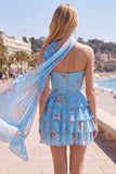 Strapless A Line Tiered Ruffle Floral Yellow Homecoming Dress with Scarf