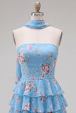 Strapless A Line Tiered Ruffle Floral Yellow Homecoming Dress with Scarf