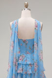 Strapless A Line Tiered Ruffle Floral Yellow Homecoming Dress with Scarf
