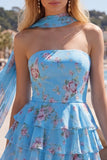 Strapless A Line Tiered Ruffle Floral Yellow Homecoming Dress with Scarf