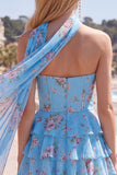 Strapless A Line Tiered Ruffle Floral Yellow Homecoming Dress with Scarf