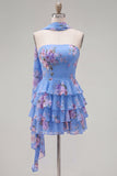 Strapless A Line Tiered Ruffle Floral Yellow Homecoming Dress with Scarf