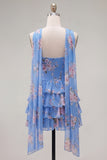Strapless A Line Tiered Ruffle Floral Yellow Homecoming Dress with Scarf