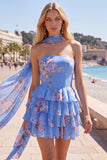Strapless A Line Tiered Ruffle Floral Yellow Homecoming Dress with Scarf