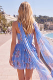 Strapless A Line Tiered Ruffle Floral Yellow Homecoming Dress with Scarf