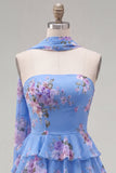 Strapless A Line Tiered Ruffle Floral Yellow Homecoming Dress with Scarf