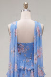 Strapless A Line Tiered Ruffle Floral Yellow Homecoming Dress with Scarf