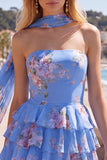 Strapless A Line Tiered Ruffle Floral Yellow Homecoming Dress with Scarf