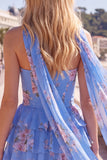 Strapless A Line Tiered Ruffle Floral Yellow Homecoming Dress with Scarf