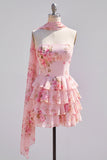 Strapless A Line Tiered Ruffle Floral Yellow Homecoming Dress with Scarf