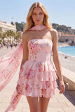 Strapless A Line Tiered Ruffle Floral Yellow Homecoming Dress with Scarf