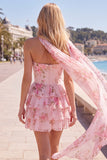 Strapless A Line Tiered Ruffle Floral Yellow Homecoming Dress with Scarf