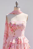 Strapless A Line Tiered Ruffle Floral Yellow Homecoming Dress with Scarf