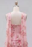 Strapless A Line Tiered Ruffle Floral Yellow Homecoming Dress with Scarf