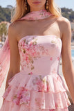 Strapless A Line Tiered Ruffle Floral Yellow Homecoming Dress with Scarf