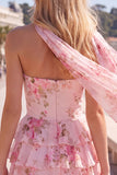 Strapless A Line Tiered Ruffle Floral Yellow Homecoming Dress with Scarf