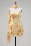 Strapless A Line Tiered Ruffle Floral Yellow Homecoming Dress with Scarf