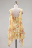 Strapless A Line Tiered Ruffle Floral Yellow Homecoming Dress with Scarf