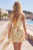 Strapless A Line Tiered Ruffle Floral Yellow Homecoming Dress with Scarf